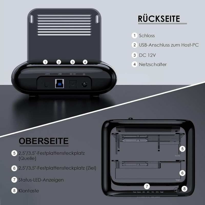 WAVLINK Dual Bay Hard Drive Docking Station - USB 3.0 to SATA I/II/III for 2.5" & 3.5" HDD/SSD with Fixed Bezel, Supports Offline Clone/Duplicator Function, Supports 2x20TB with UASP 6Gbps - Black - Image 2